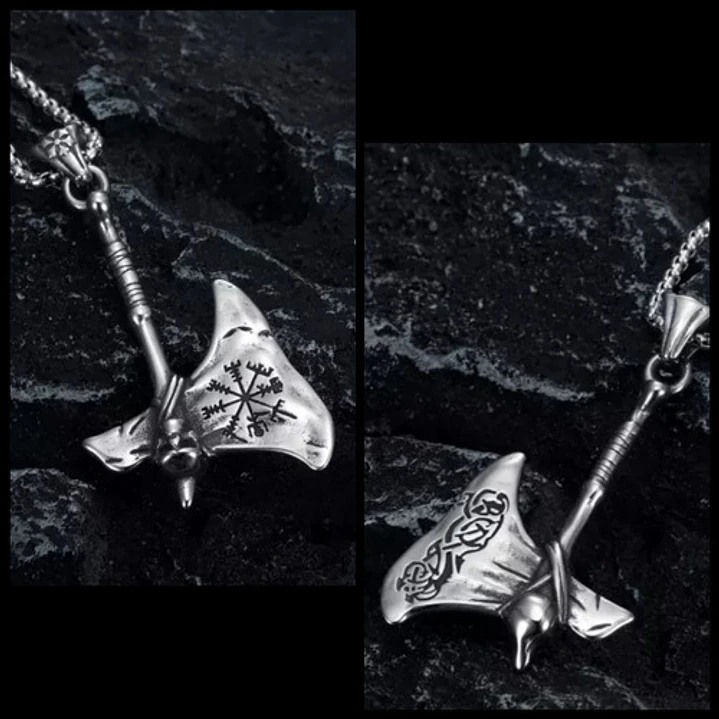 Collar Vikingo Hacha Vegvísir Calavera, Acero Inoxidable 2
