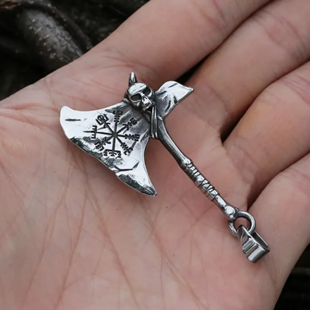 Collar Vikingo Hacha Vegvísir Calavera, Acero Inoxidable 5