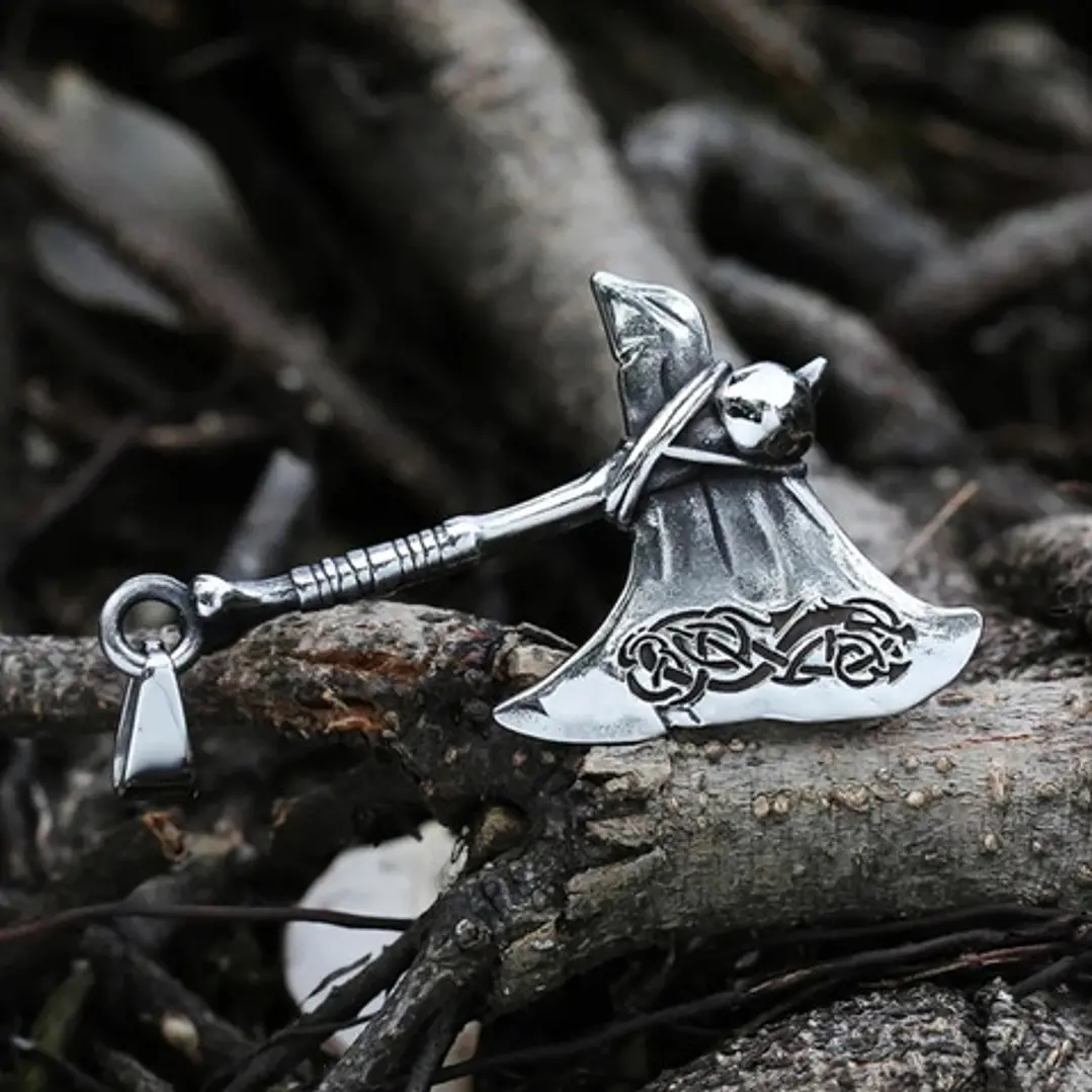 Collar Vikingo Hacha Vegvísir Calavera, Acero Inoxidable 6