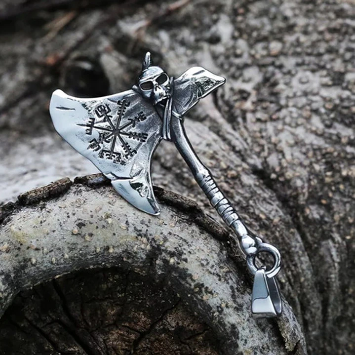 Collar Vikingo Hacha Vegvísir Calavera, Acero Inoxidable 7