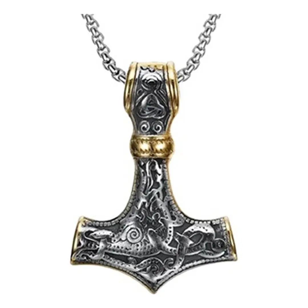 Collar Vikingo Mjölnir, Borde Dorado, Acero Inoxidable 1