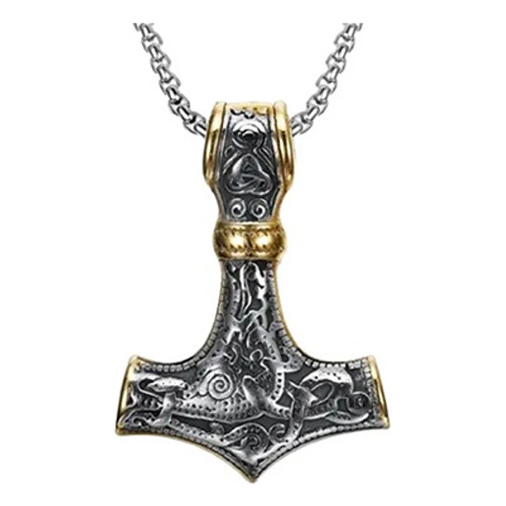 Collar Vikingo Mjölnir, Borde Dorado, Acero Inoxidable 1