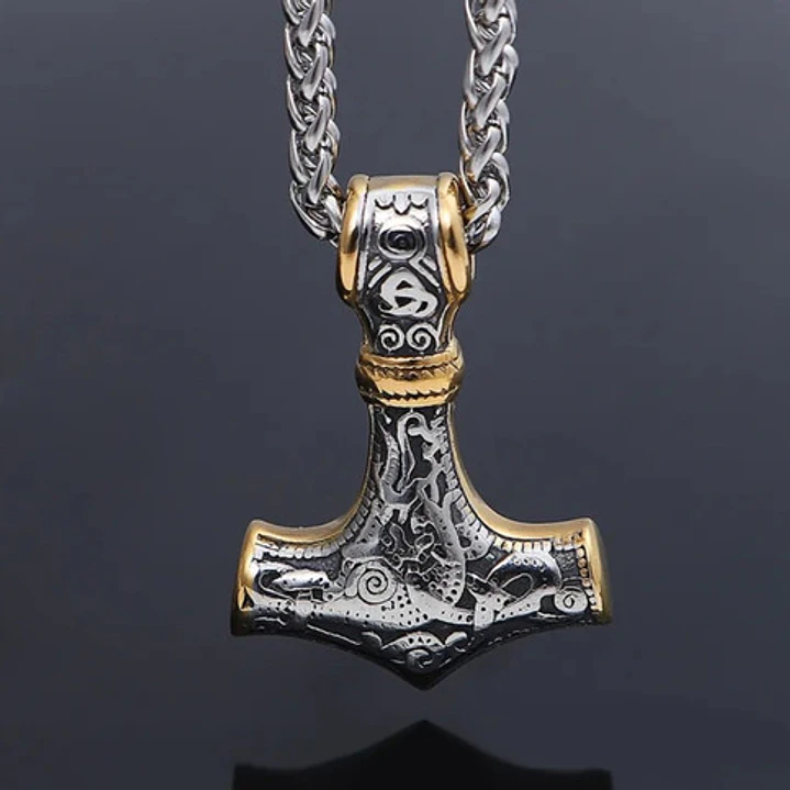 Collar Vikingo Mjölnir, Borde Dorado, Acero Inoxidable 3