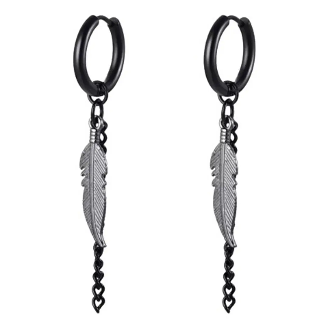 Aros Pluma Cadena, Oreja Con Perforación, Acero Inox. 5