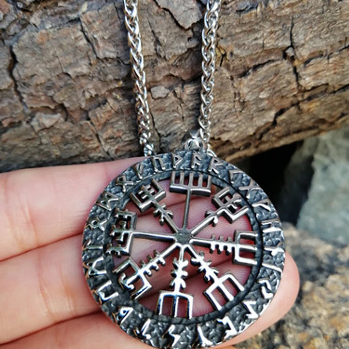 Collar Vikingo Vegvísir Rústico, Acero Inoxidable, Unisex 3