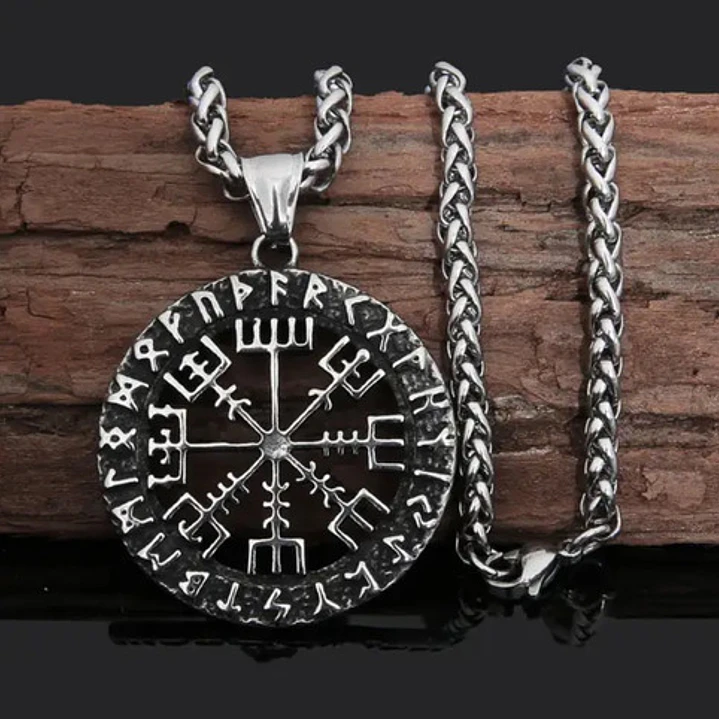 Collar Vikingo Vegvísir Rústico, Acero Inoxidable, Unisex 5