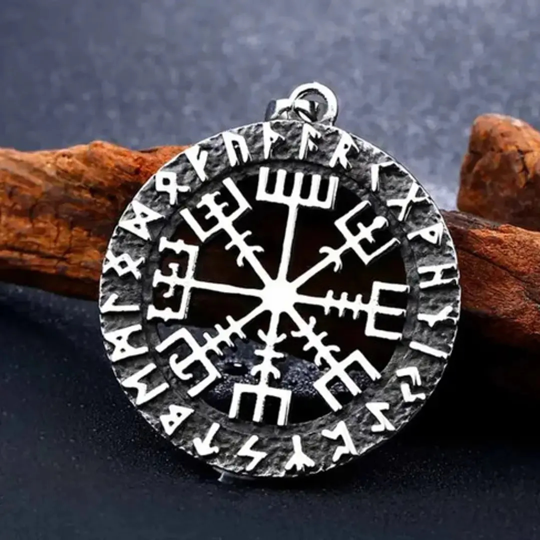 Collar Vikingo Vegvísir Rústico, Acero Inoxidable, Unisex 6