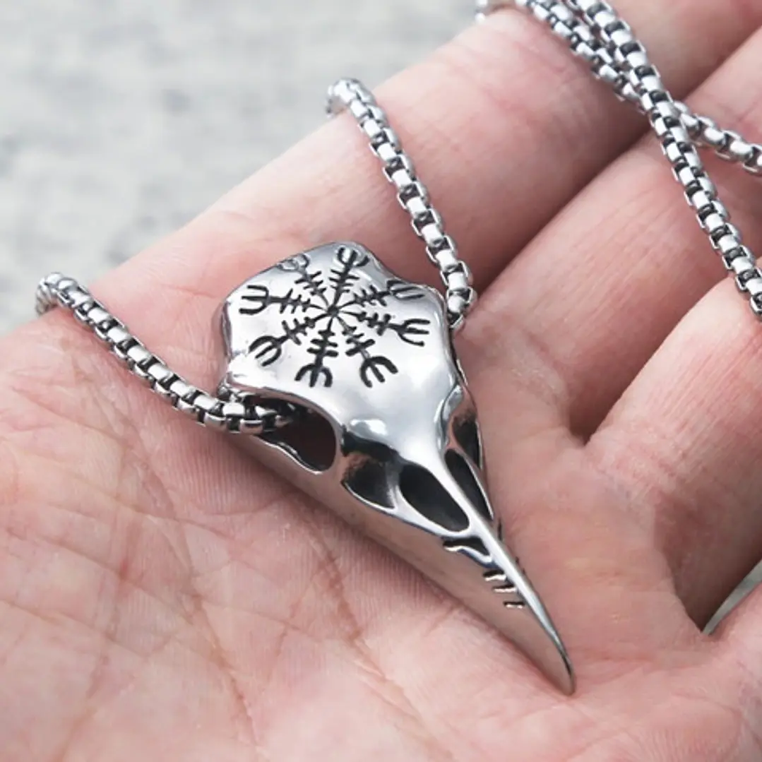 Collar Vikingo Nordic Crow Runa Aegishjalmur, Acero Inox. 2