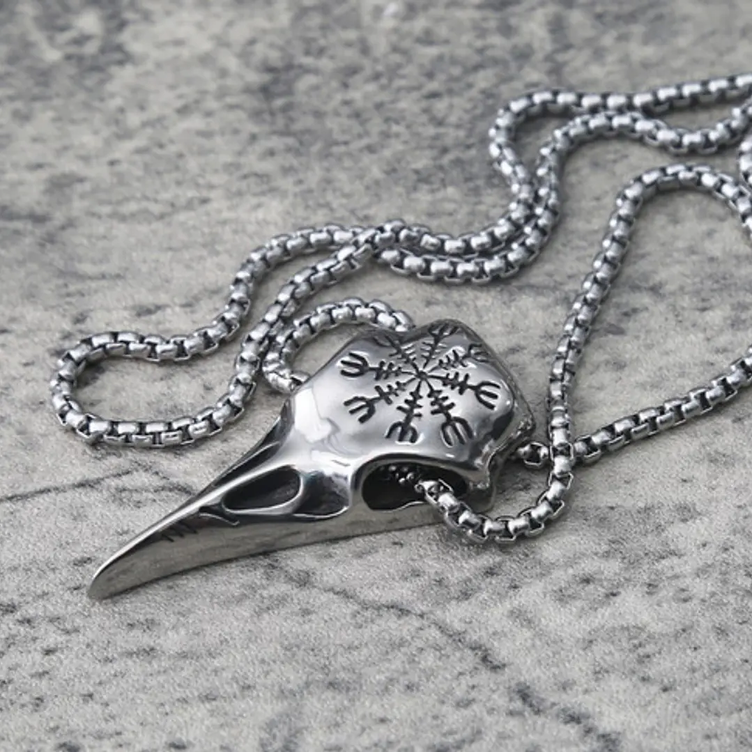 Collar Vikingo Nordic Crow Runa Aegishjalmur, Acero Inox. 5