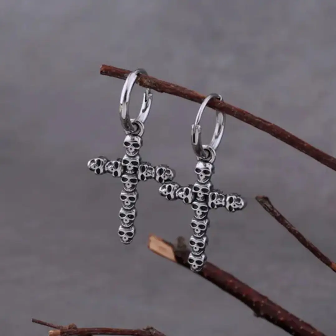 Aros Rock Cruz De Calaveras, Acero Inoxidable, Unisex 3