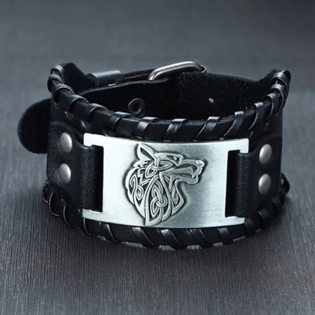 Pulsera Vikinga Fenrir, Cuero Vegano Negro O Café 3