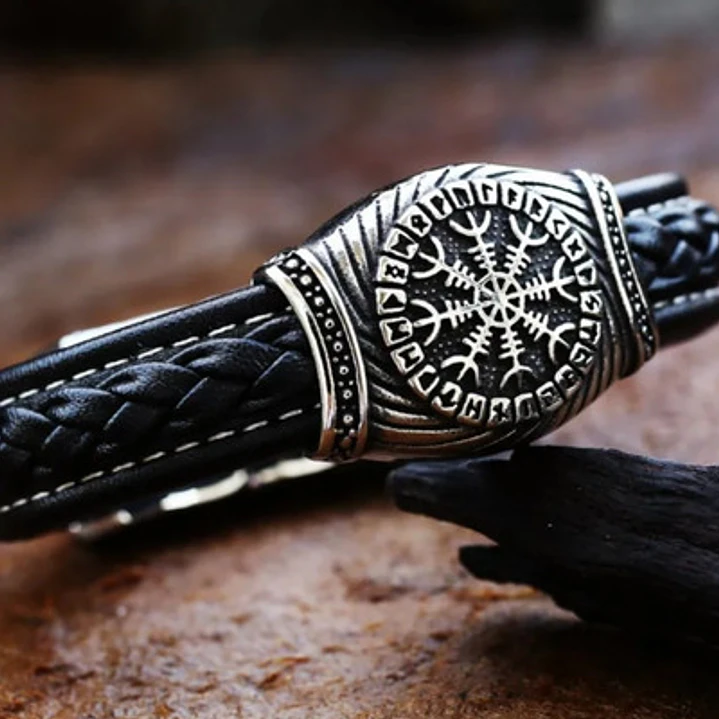 Pulsera Vikinga Aegishjalmur, Cuero Vegano, Cierre Magnético 3