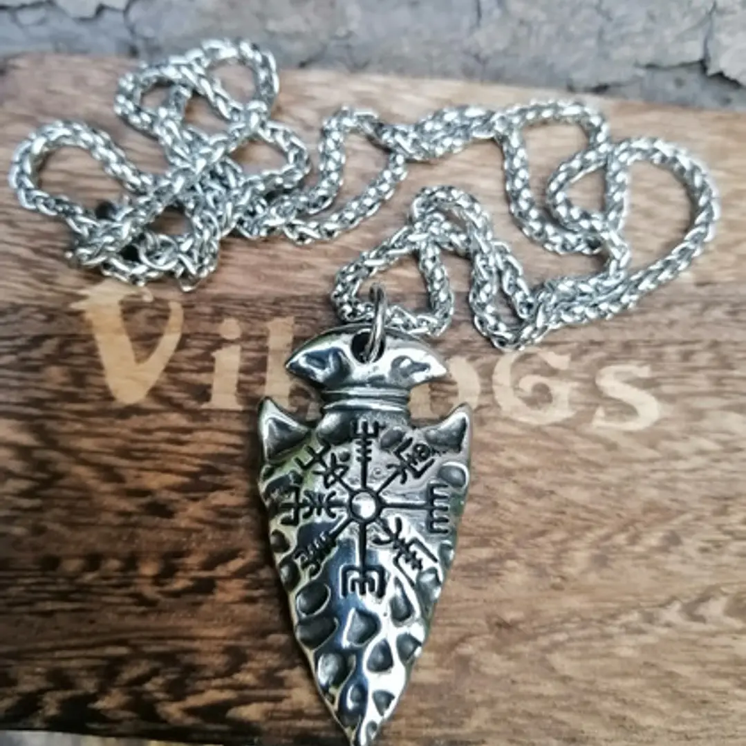 Collar Vikingo Punta De Lanza Con Vegvísir, Acero Inoxidable 3