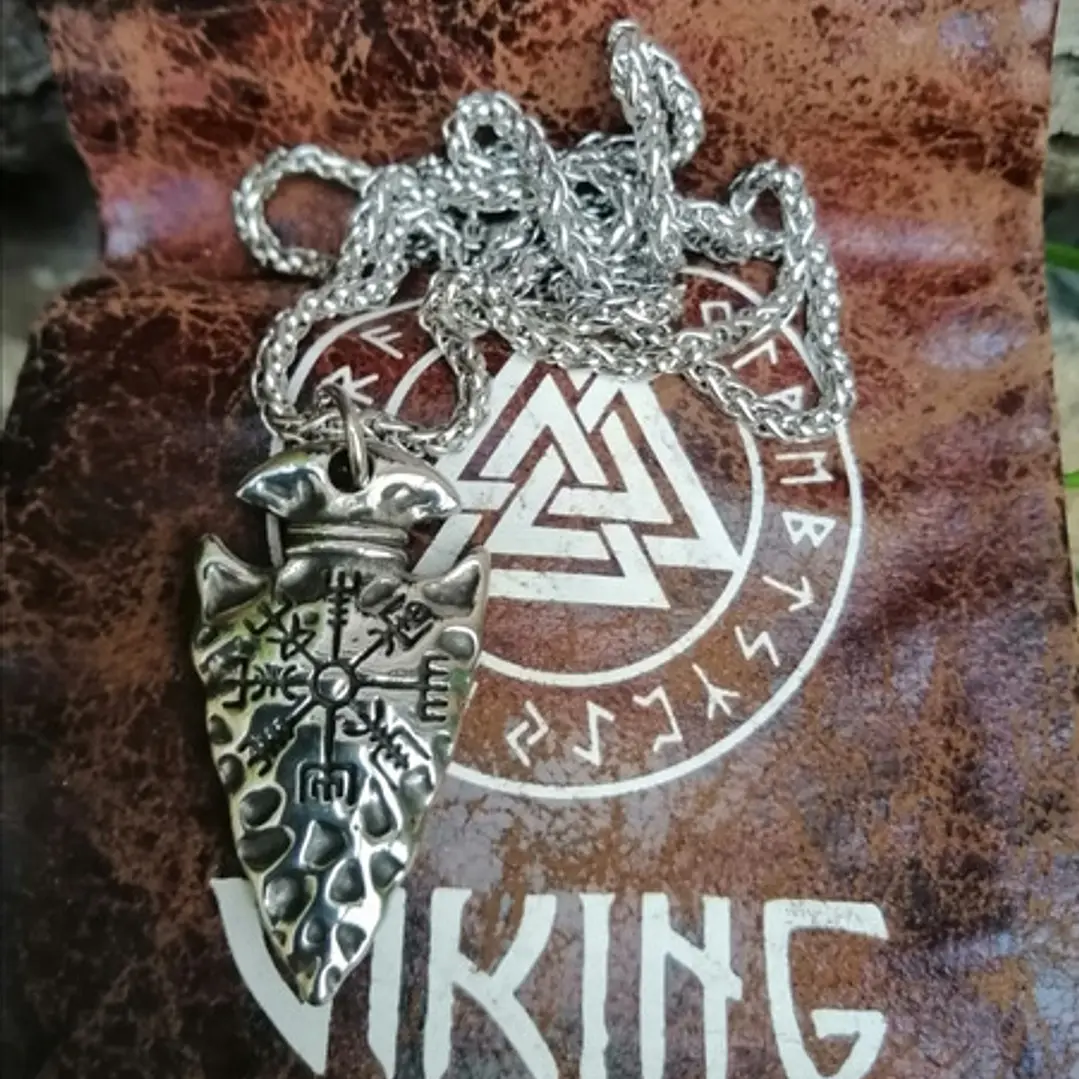 Collar Vikingo Punta De Lanza Con Vegvísir, Acero Inoxidable 4