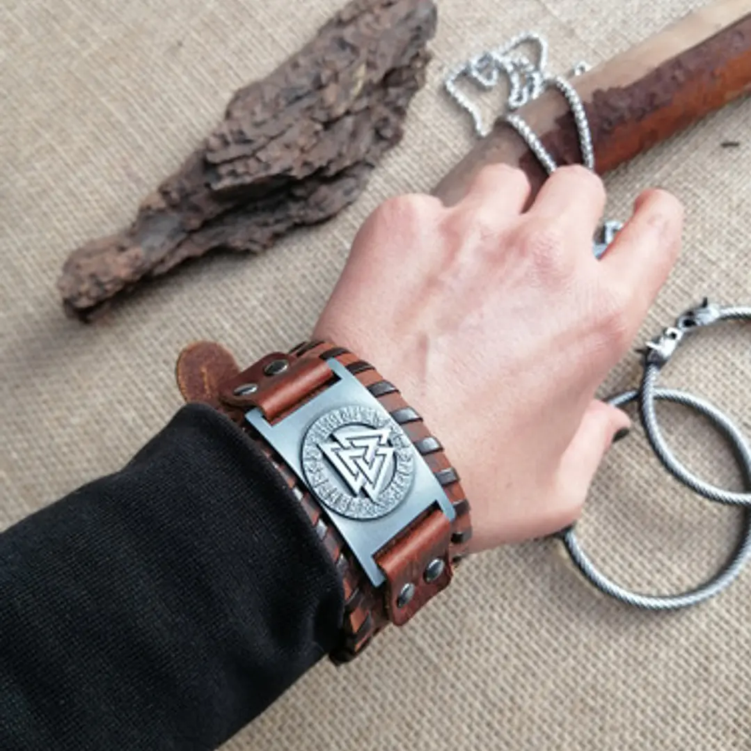 Pulsera Vikinga Valknut, Cuero Vegano Negro O Café 7