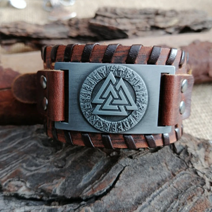 Pulsera Vikinga Valknut, Cuero Vegano Negro O Café 8