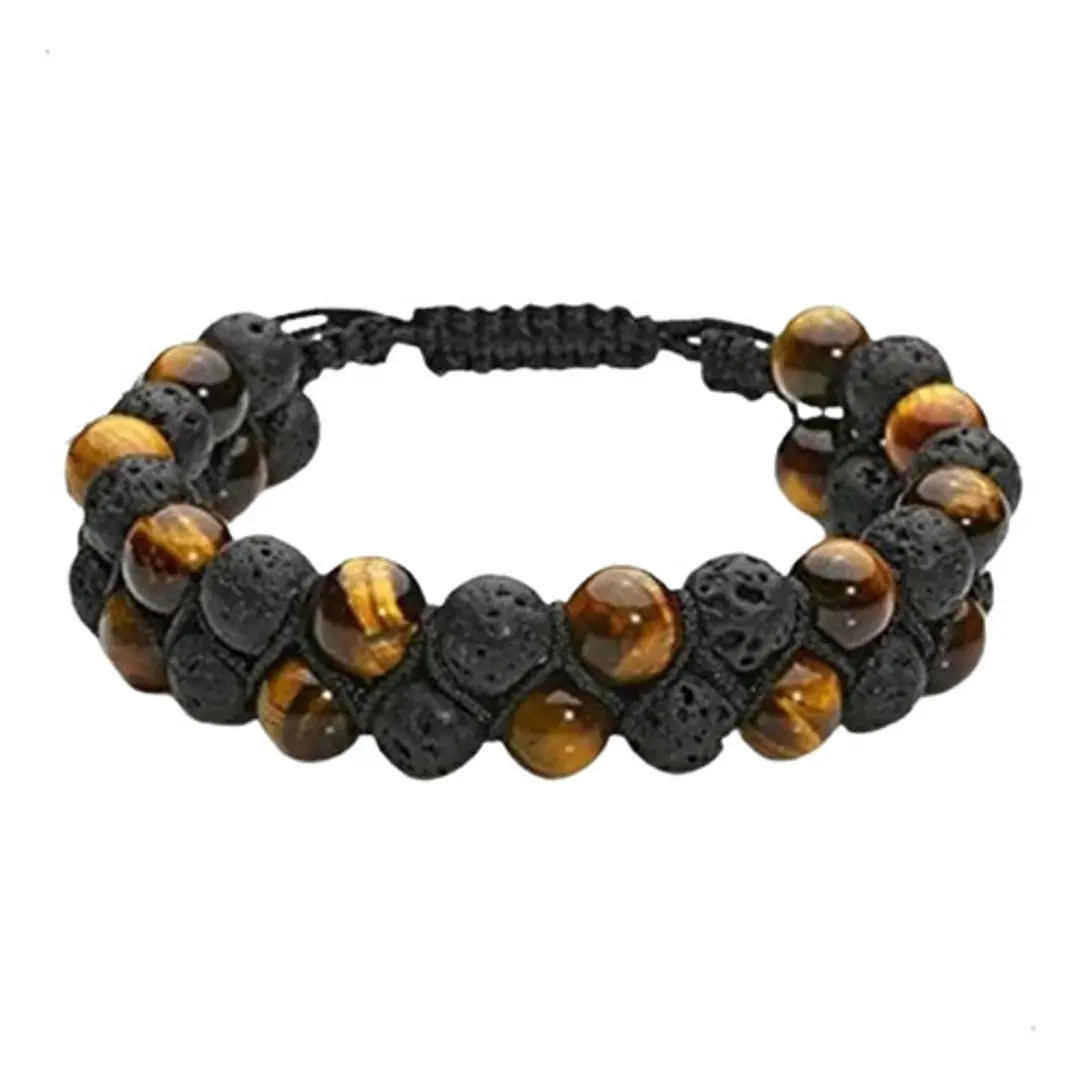 Pulsera Piedras Volcánicas Y Ojo De Tigre Amarillo, Macramé 1