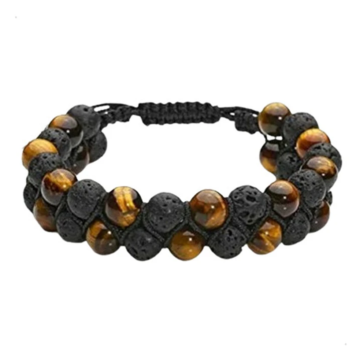 Pulsera Piedras Volcánicas Y Ojo De Tigre Amarillo, Macramé 1