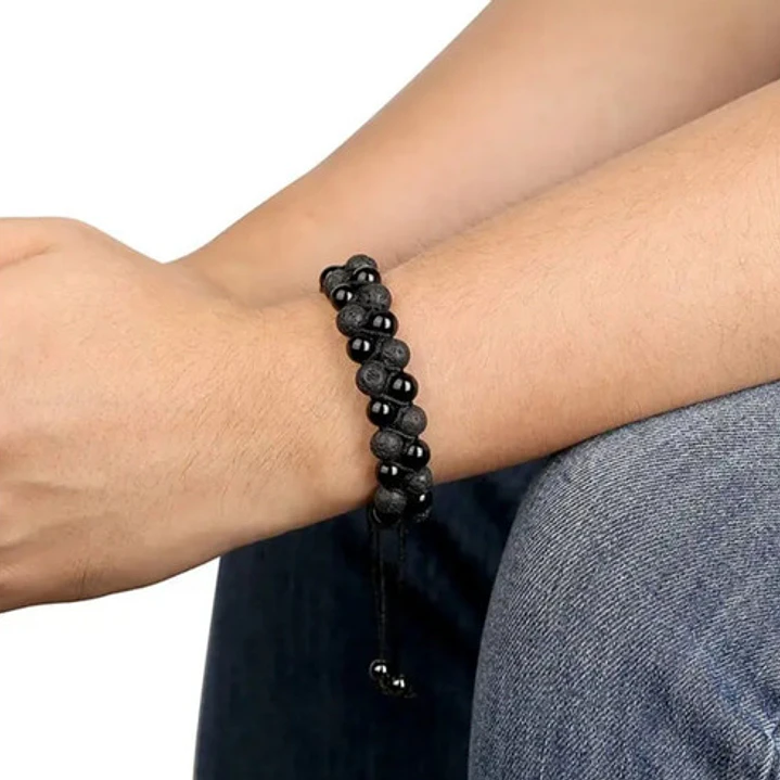 Pulsera Piedras Volcánicas Y Ónix, Macramé Cierre Ajustable 2