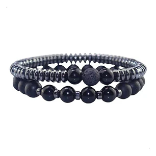 Conjunto Pulseras Piedras Naturales Ónix Y Hematita, Unisex