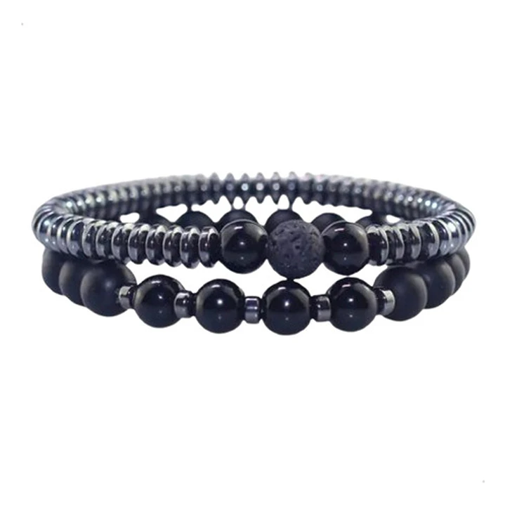 Conjunto Pulseras Piedras Naturales Ónix Y Hematita, Unisex 1
