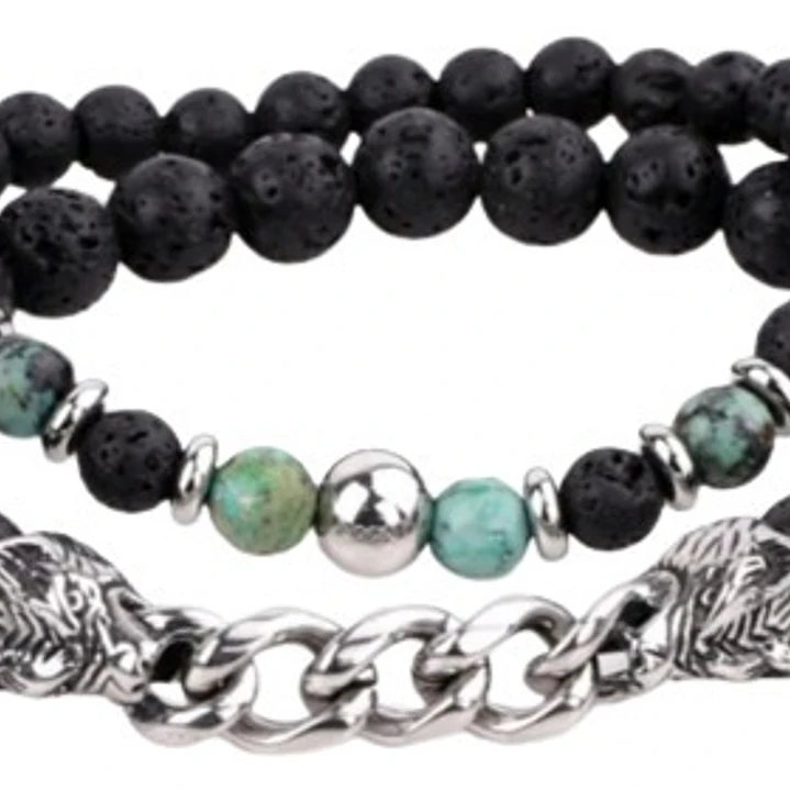 Conjunto Pulseras Piedras Naturales Y Lobos En Acero, Hombre 1