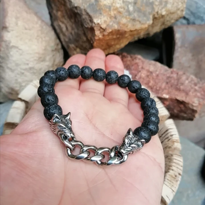 Conjunto Pulseras Piedras Naturales Y Lobos En Acero, Hombre 2