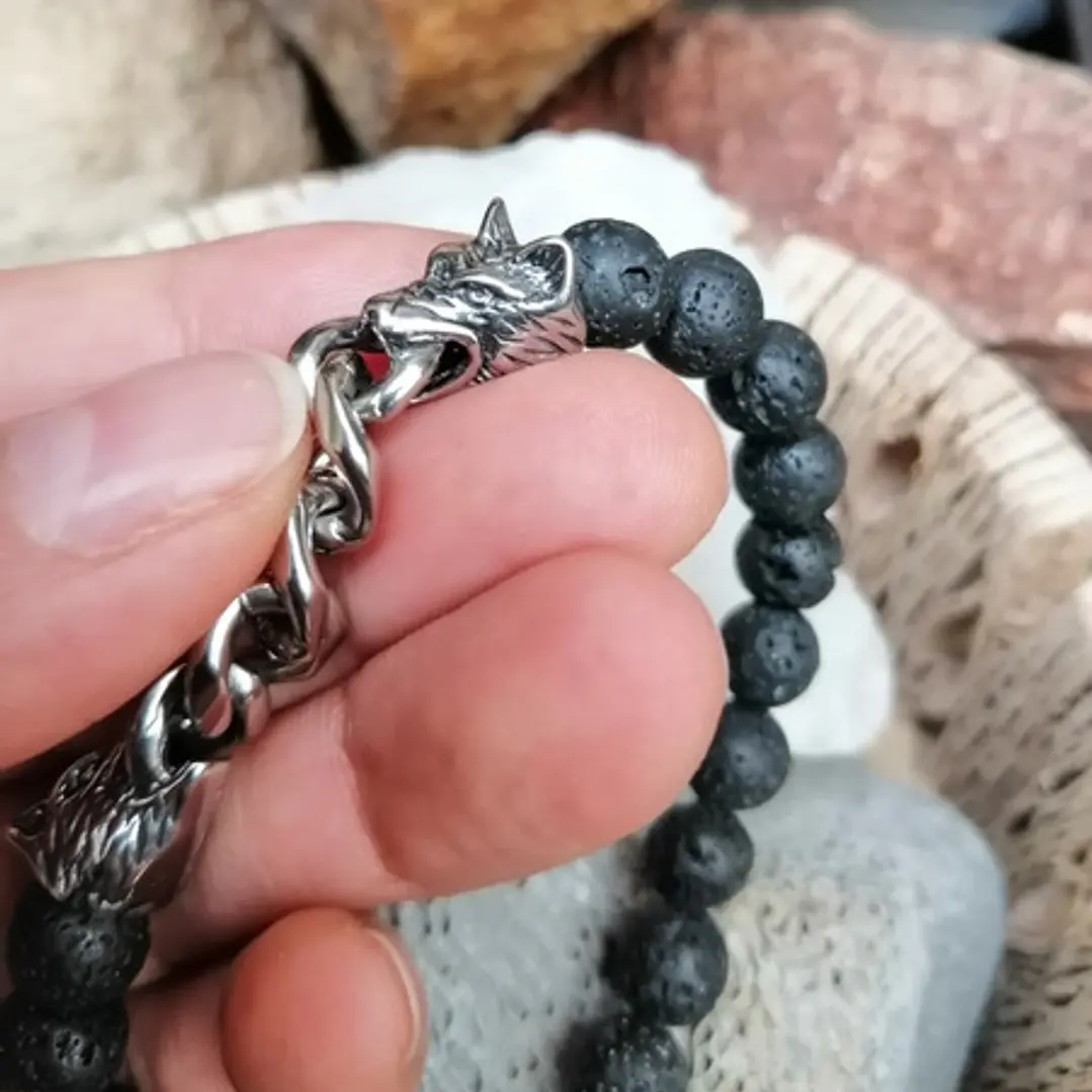 Conjunto Pulseras Piedras Naturales Y Lobos En Acero, Hombre 3