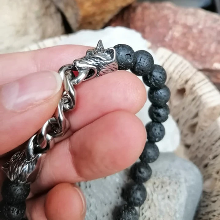 Conjunto Pulseras Piedras Naturales Y Lobos En Acero, Hombre 3