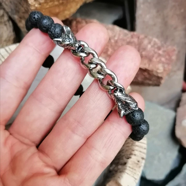 Conjunto Pulseras Piedras Naturales Y Lobos En Acero, Hombre 4