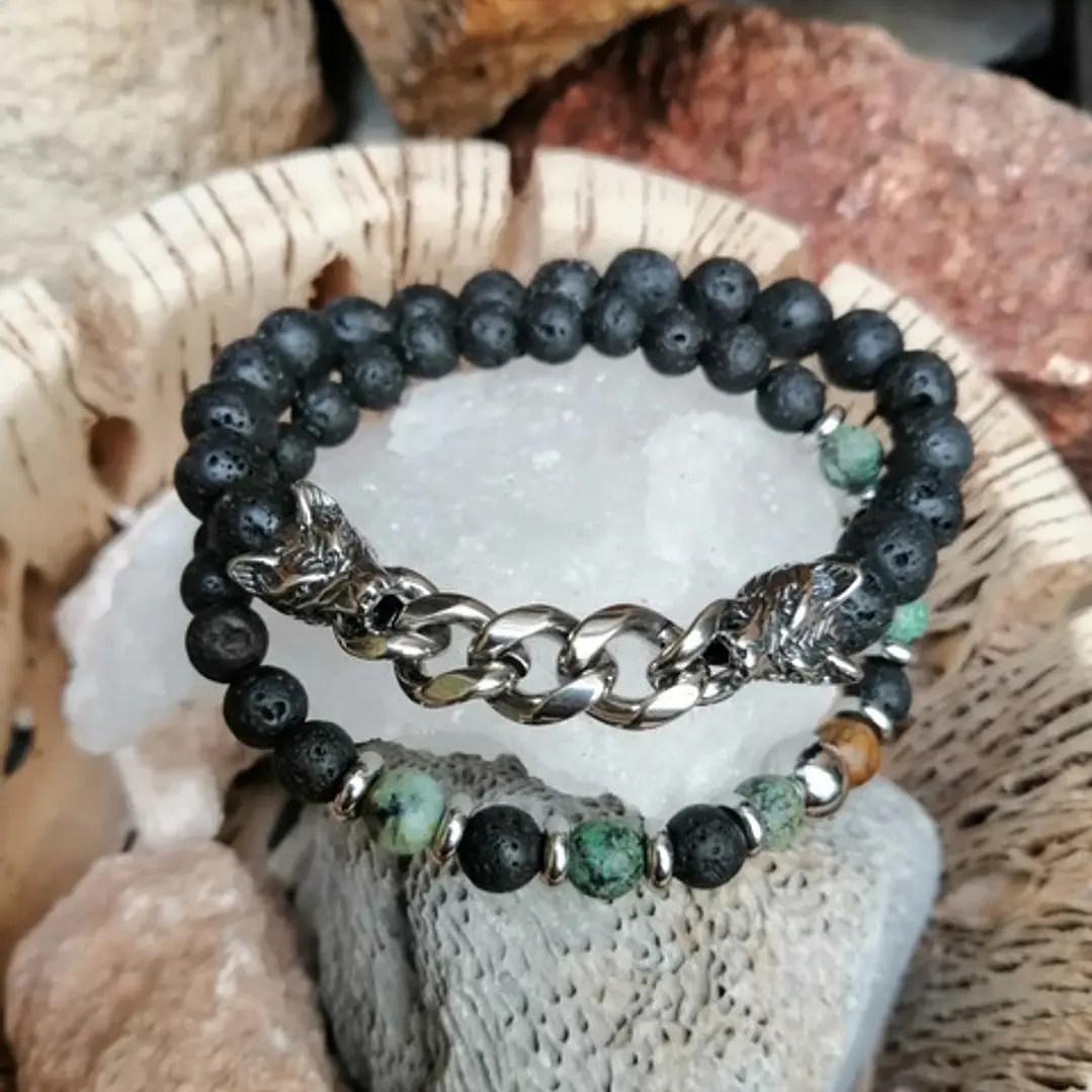 Conjunto Pulseras Piedras Naturales Y Lobos En Acero, Hombre 6