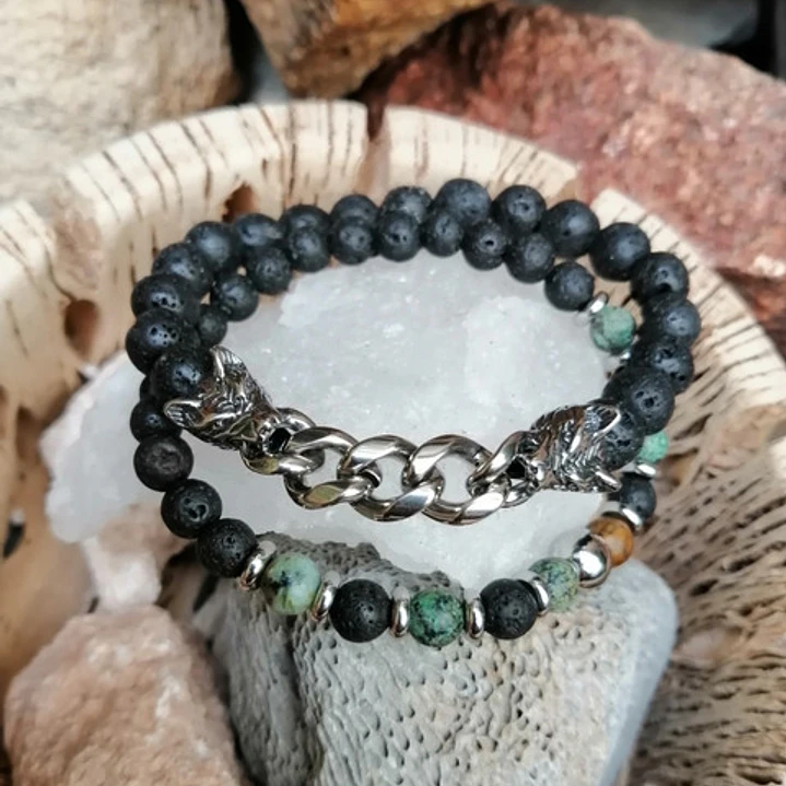 Conjunto Pulseras Piedras Naturales Y Lobos En Acero, Hombre 6