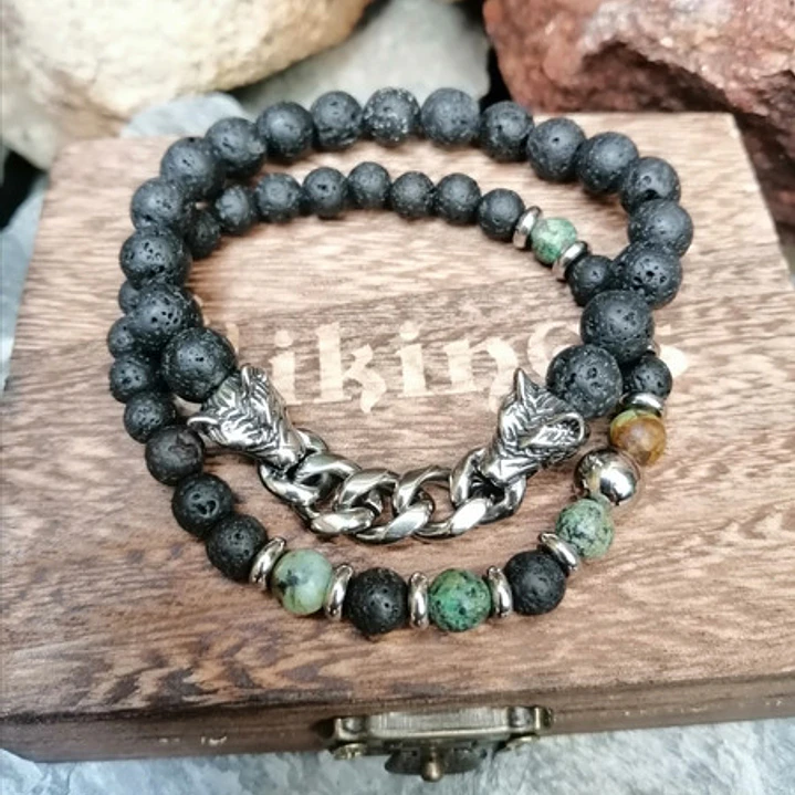 Conjunto Pulseras Piedras Naturales Y Lobos En Acero, Hombre 7