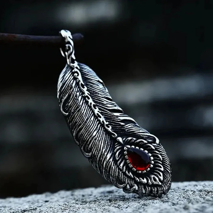 Collar Pluma Con Piedra, Acero Inoxidable, Hombre 2