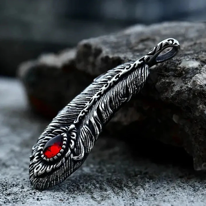 Collar Pluma Con Piedra, Acero Inoxidable, Hombre 3