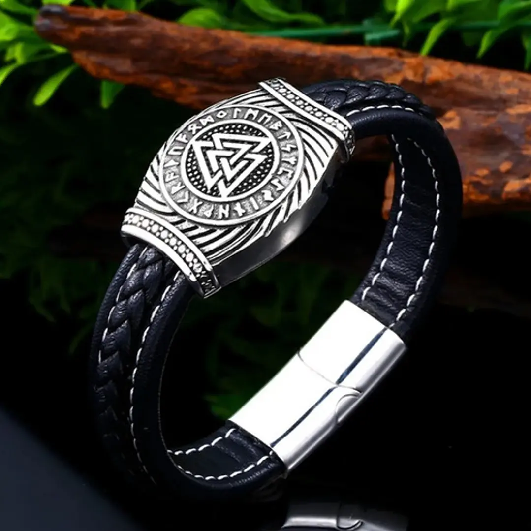 Pulsera Vikinga Valknut, Cuero Vegano Y Cierre Magnético 2