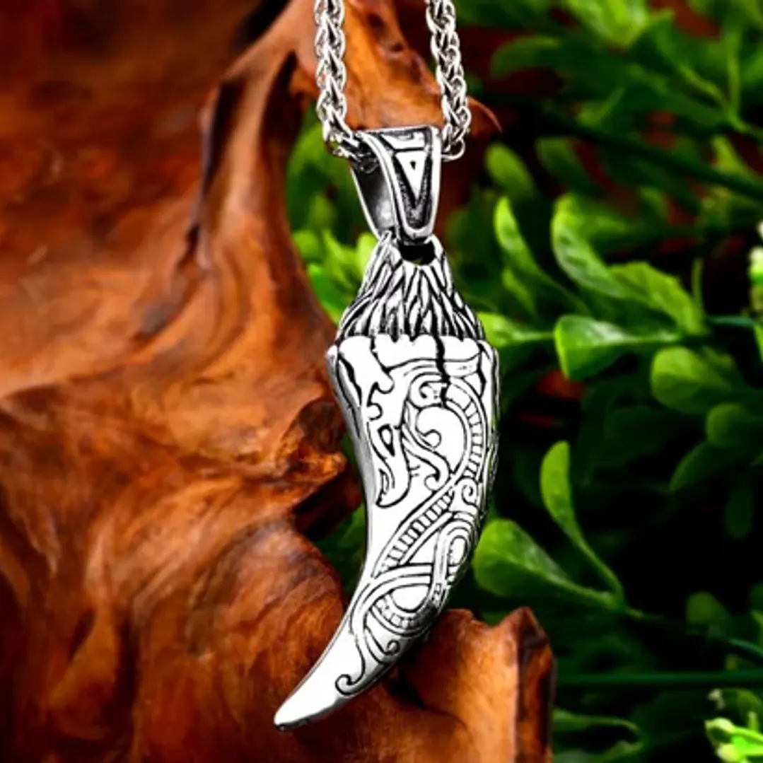 Collar Colmillo De Lobo, Acero Inoxidable Tallado, Hombre 2