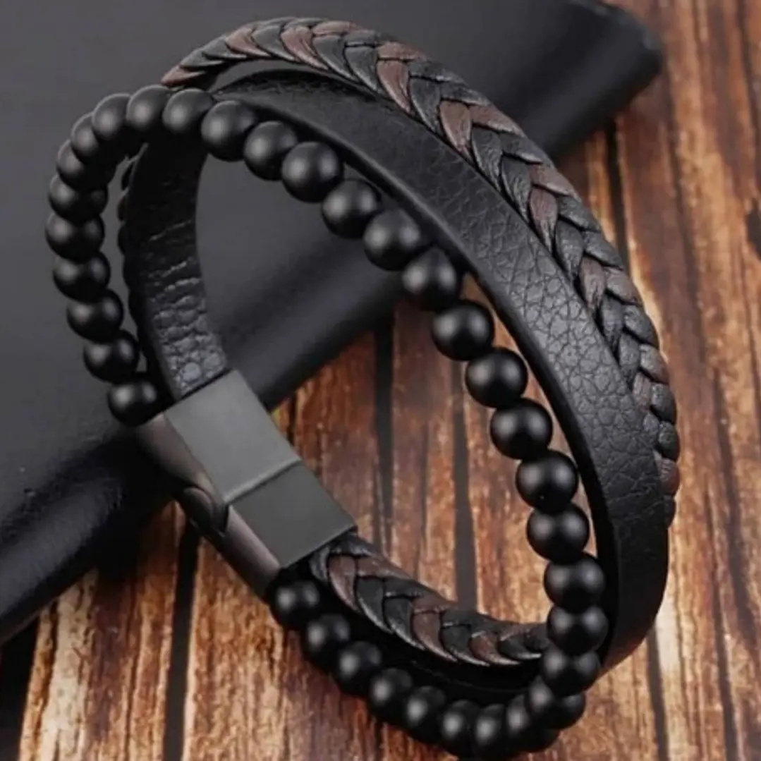 Pulsera Cuero Multicapa, Ónix Opaco, Cierre Magnético 2