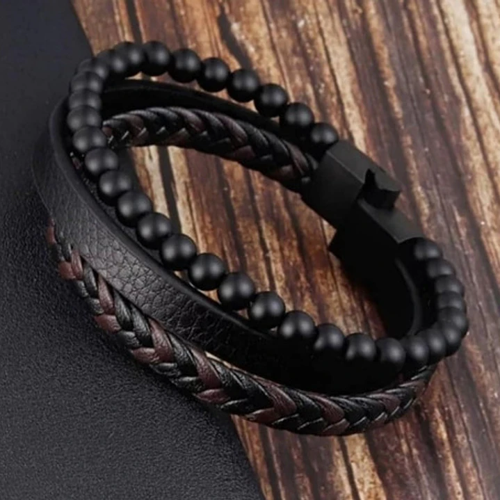 Pulsera Cuero Multicapa, Ónix Opaco, Cierre Magnético 3