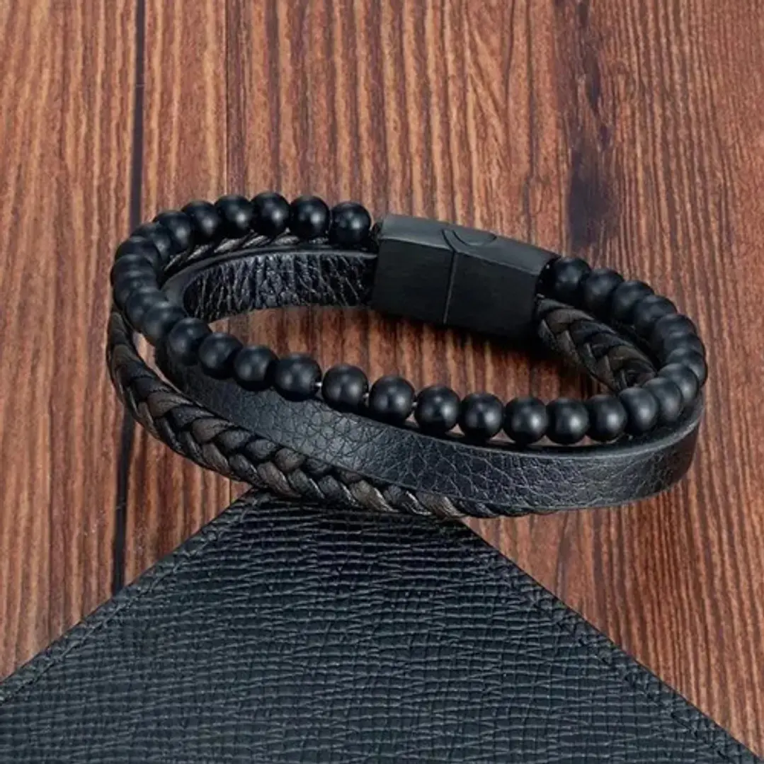 Pulsera Cuero Multicapa, Ónix Opaco, Cierre Magnético 6