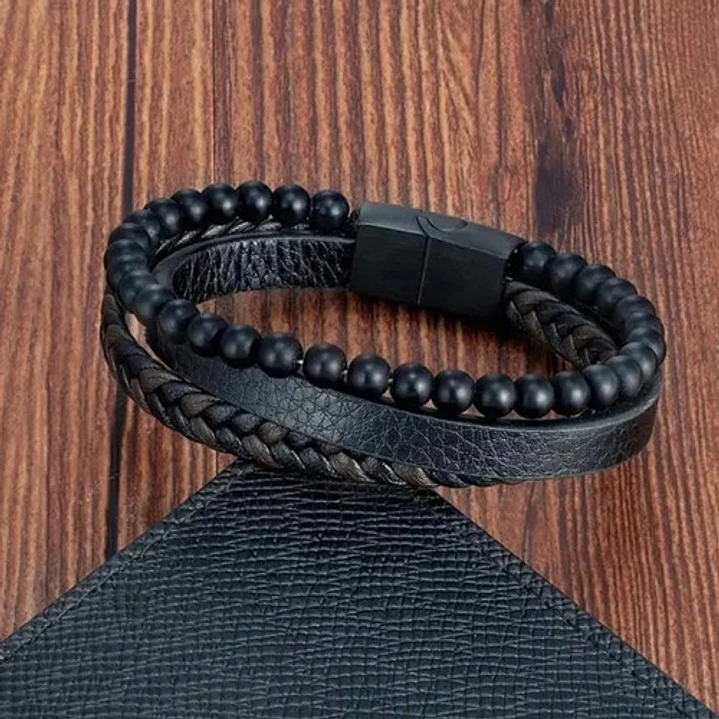 Pulsera Cuero Multicapa, Ónix Opaco, Cierre Magnético 6
