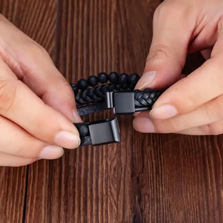 Pulsera Cuero Multicapa, Ónix Opaco, Cierre Magnético 7