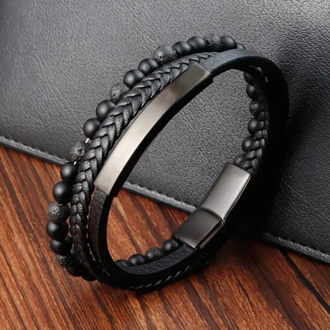 Pulsera Cuero Multicapa, Piedras Naturales, Cierre Magnético 2