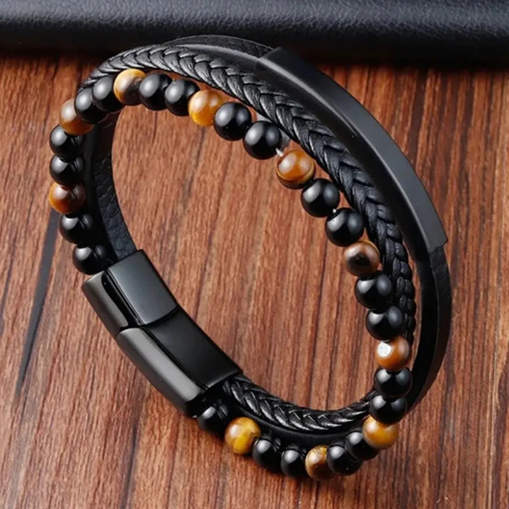 Pulsera Cuero Multicapa, Piedras Naturales, Cierre Magnético 5