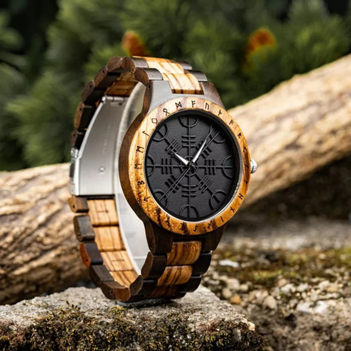 Reloj Vikingo Aegishjalmur Negro, Madera Bambú, Hombre 2