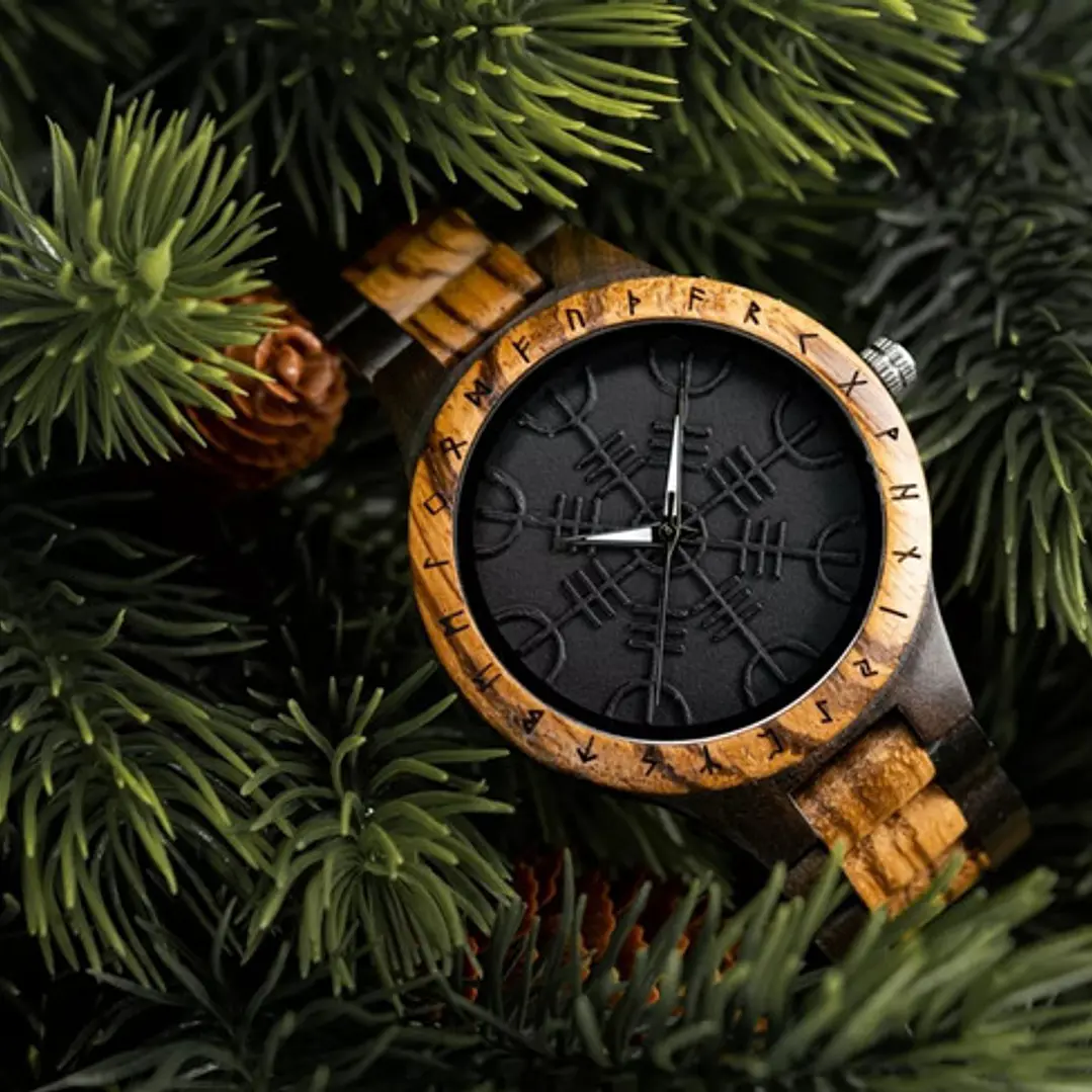 Reloj Vikingo Aegishjalmur Negro, Madera Bambú, Hombre 3