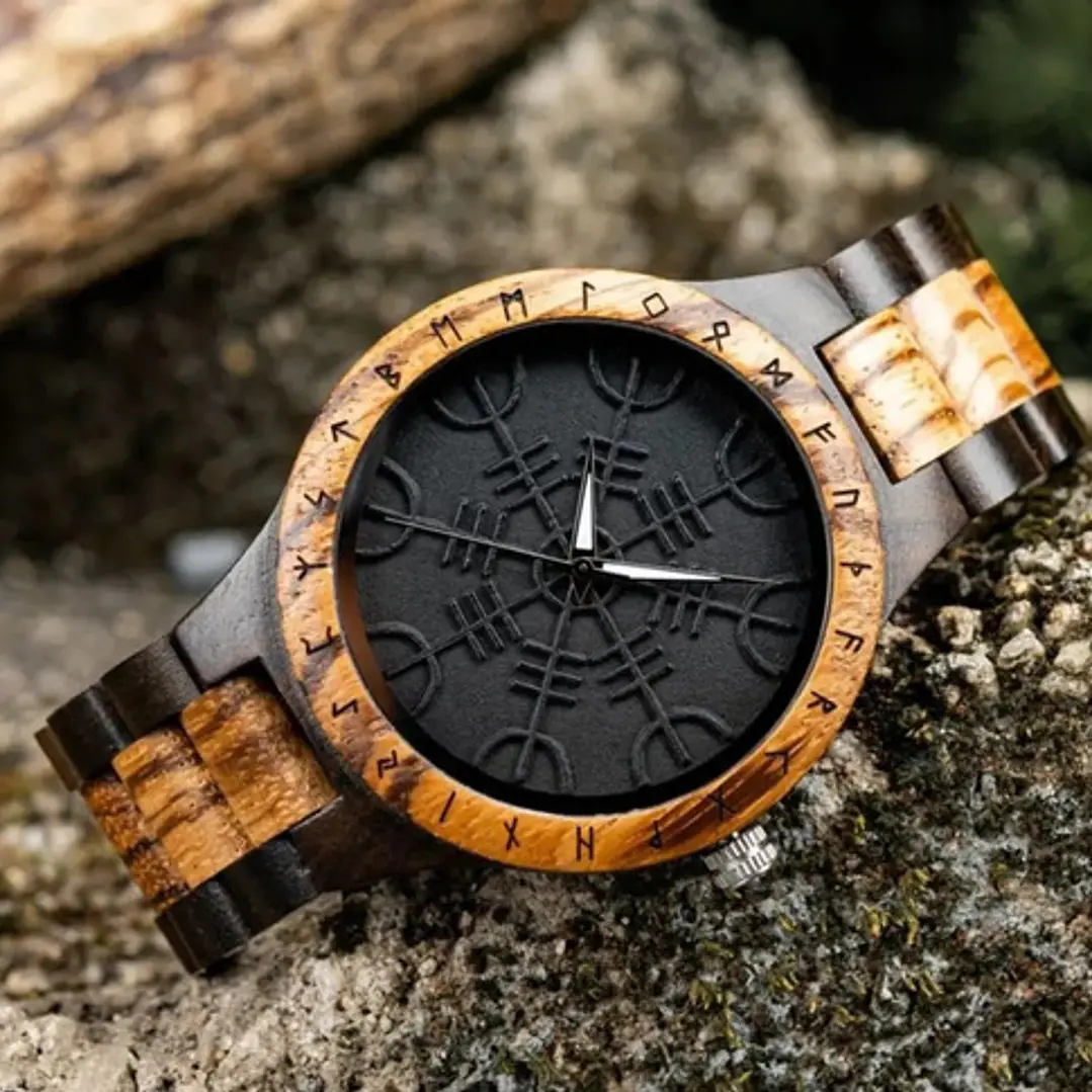 Reloj Vikingo Aegishjalmur Negro, Madera Bambú, Hombre 4