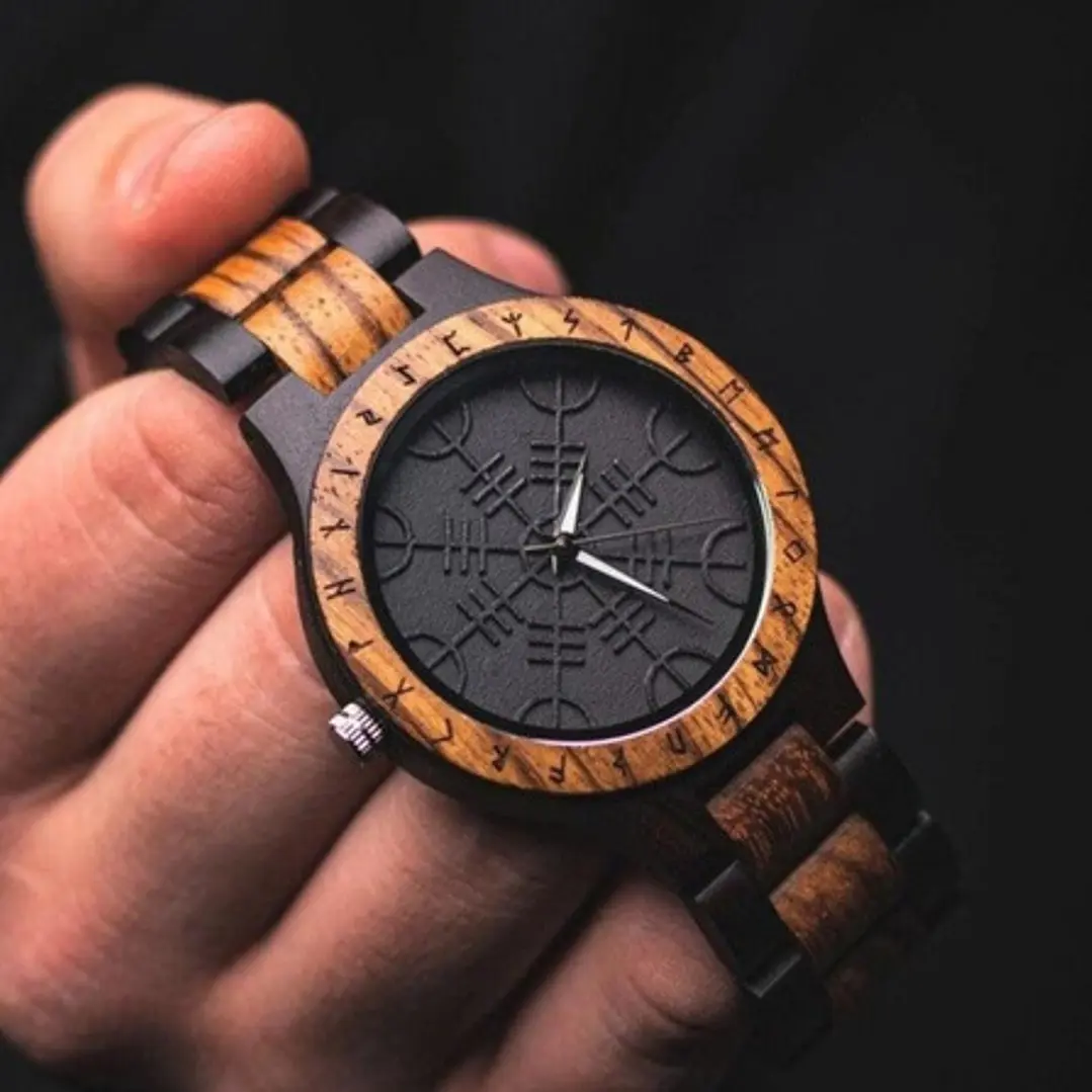 Reloj Vikingo Aegishjalmur Negro, Madera Bambú, Hombre 5