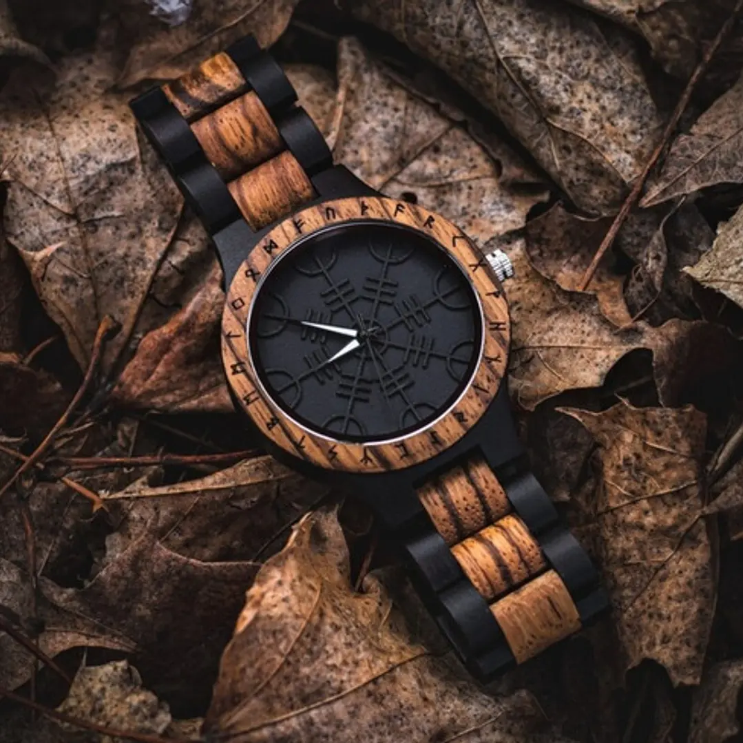 Reloj Vikingo Aegishjalmur Negro, Madera Bambú, Hombre 6