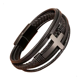 Pulsera Cuero Classic Cross, Cierre Magnético, Hombre